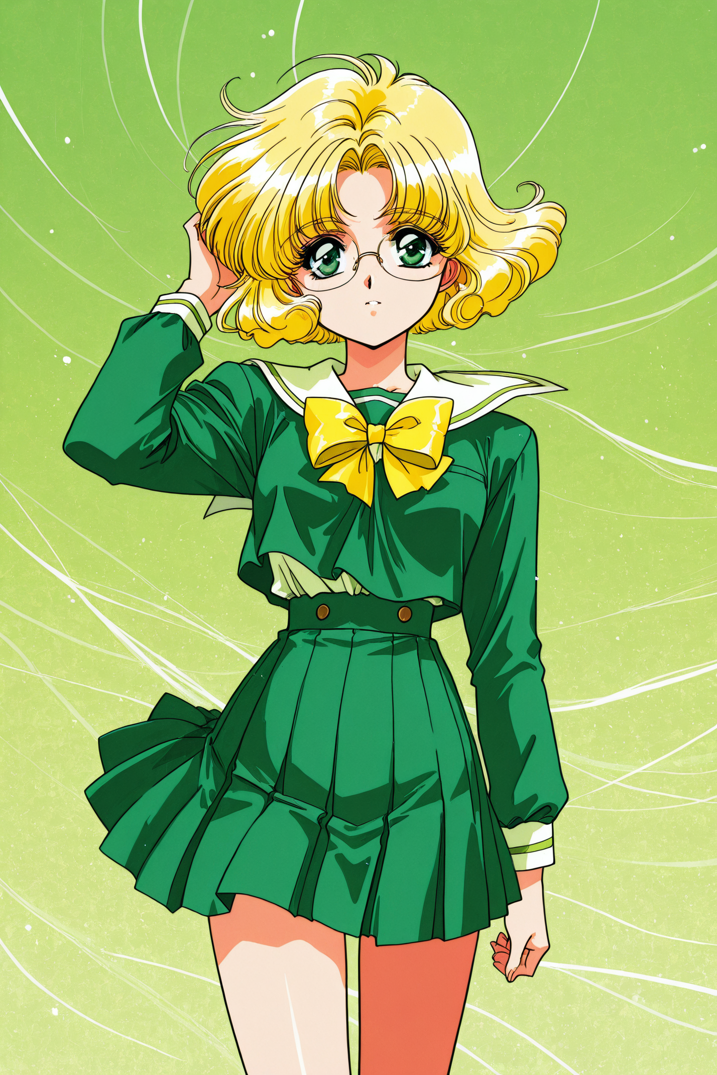 41947-552757553-Hououji Fuu,green theme,school uniform,retro artstyle,blonde hair,1girl,solo,glasses,1990s _(style_),skirt,short hair,green eyes.png